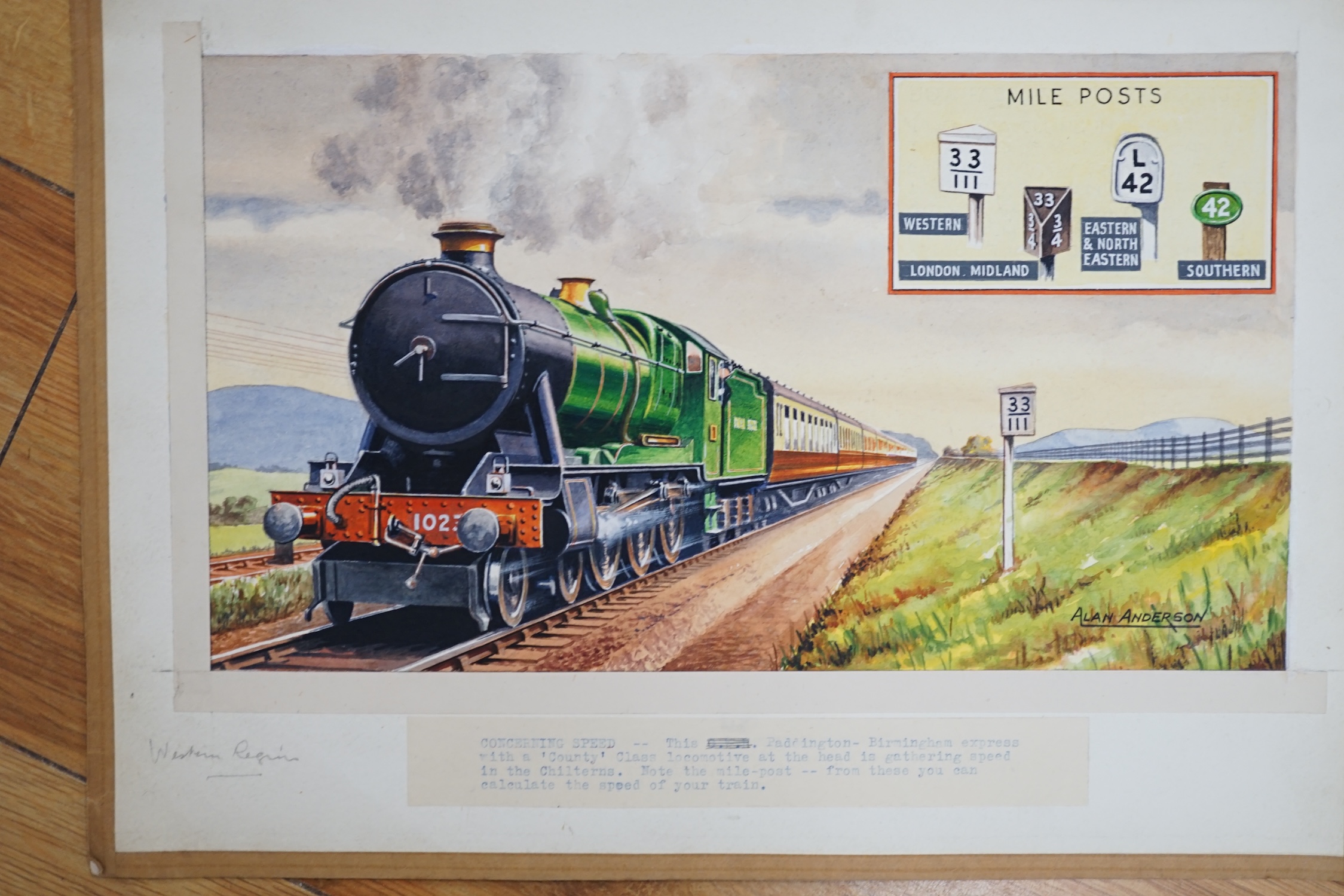 Alan Anderson, two original watercolours for postcard designs, steam locomotives, ‘London, Midland Region Express’ & ‘County Class Express’ signed, unframed, 28 x 38cm. Condition - fair to good